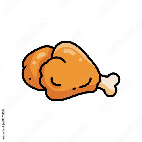 Vector cartoon illustration of delicious fried chicken thigh with meat, cheese and sweet chocolate on a white plate
