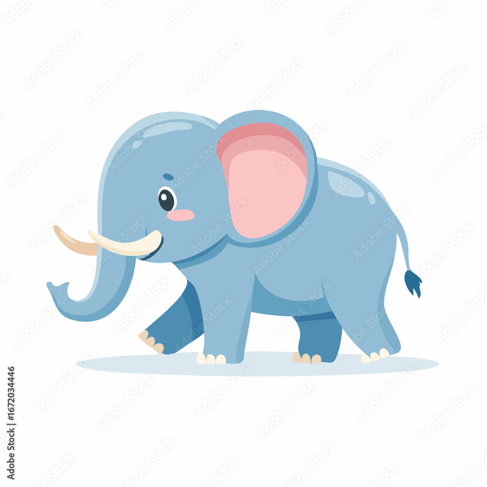 Fototapeta premium Cute light blue elephant cartoon, walking, profile view, cheerful expression.