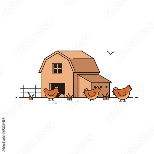 Cute cartoon illustration of a family farmhouse with pet chickens running on the grass near a red barn