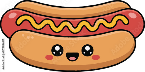 Illustration of a cartoon hotdog with a smiling face and mustard on top against a plain white background