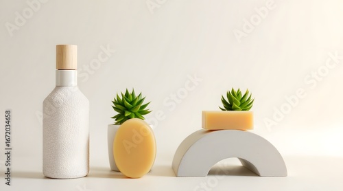 Minimalist scene with white textured bottle oval soap and bar soap on geometric stand with green succulents