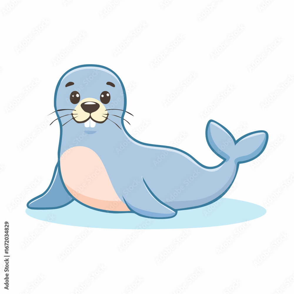Obraz premium Adorable cartoon seal pup resting on light blue background.