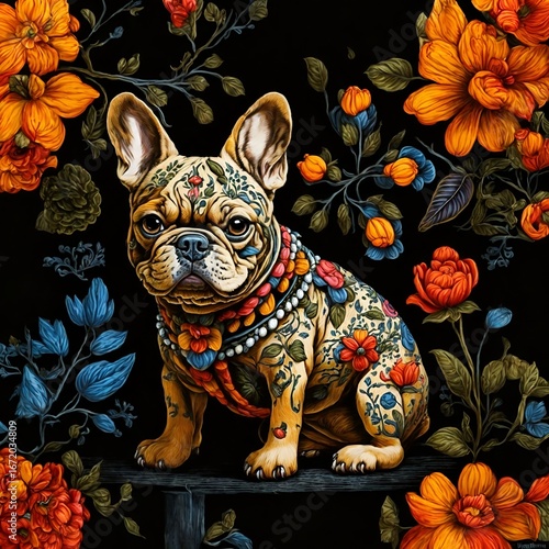 French Bulldog with Floral Tattoos and Ornate Collar Sitting Amidst Vibrant Flowers.
