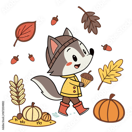 Harvest Blessings themed SVG: Funny Wolf with wearing rain boots in a Thanksgiving environment