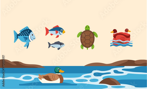 A happy cartoon crab on a tropical beach fishing in the blue sea with a palm tree on the island