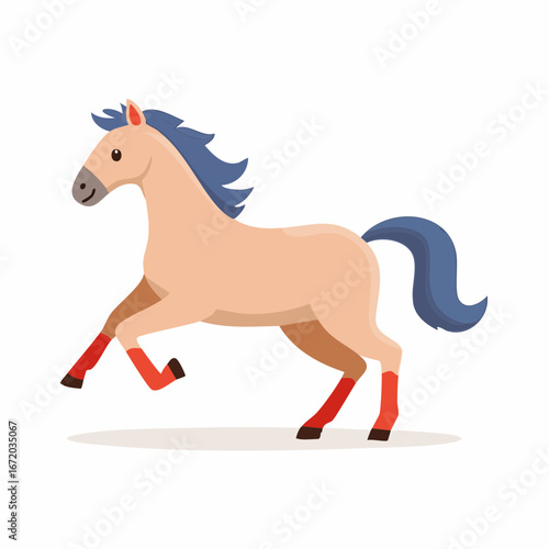 A cute cartoon horse with a blue mane and red leg wraps prancing on a white background.