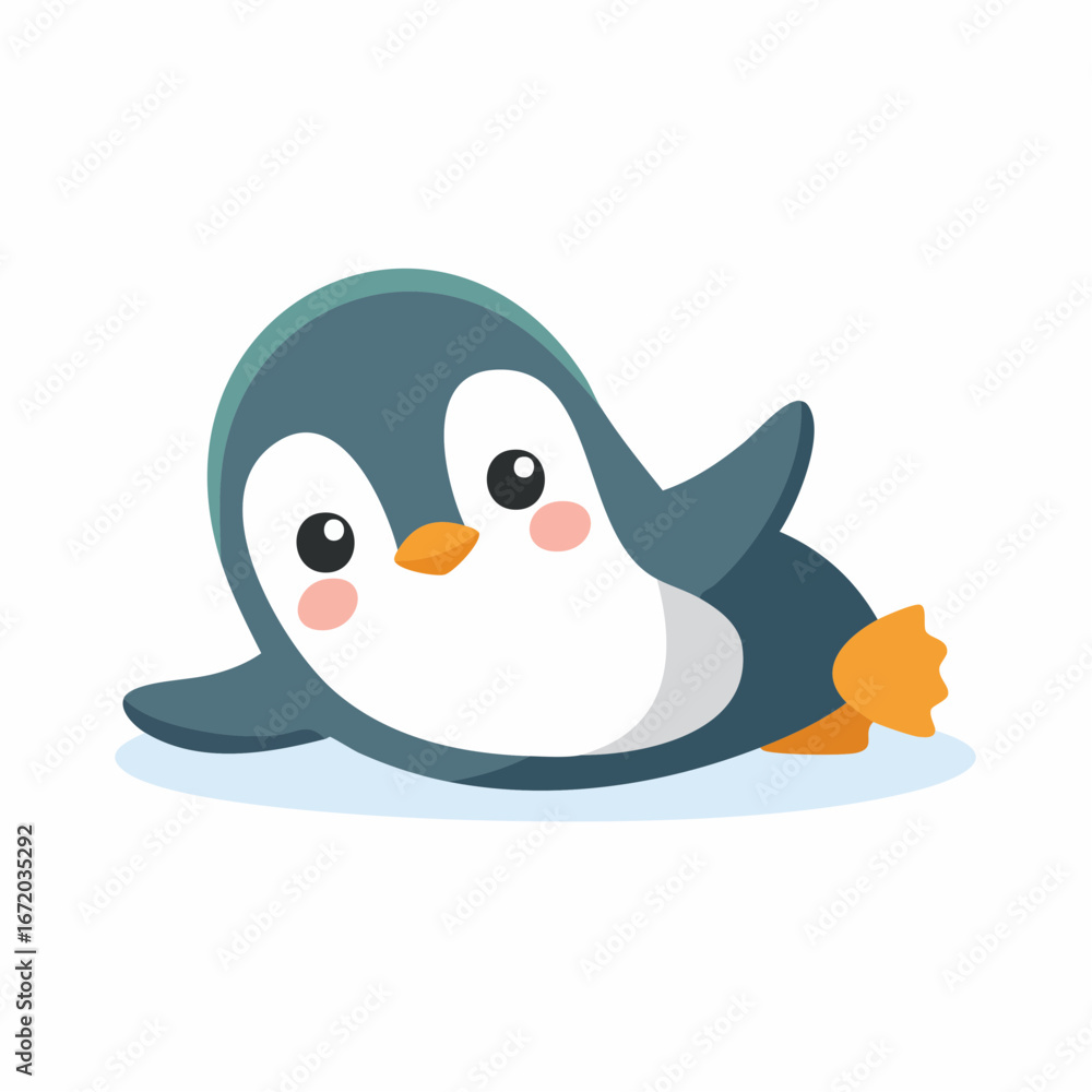 Obraz premium Cute cartoon penguin lying on its belly with its wings outstretched on a white background.