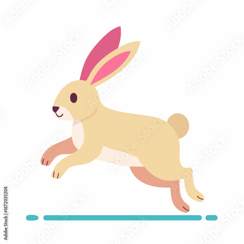 Illustration of a light brown rabbit leaping forward with its ears perked up, against a white background.