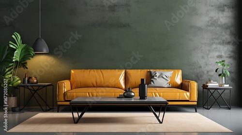 Modern industrial living room with dark forest green walls, a soft yellow leather couch, a concrete coffee table, and metallic black wall sconces.