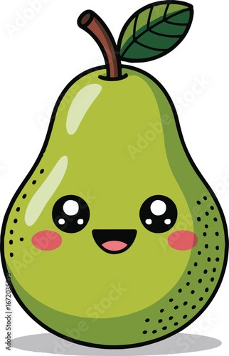 A cartoon pear with a happy face and a leaf on top standing on a white background with a shadow