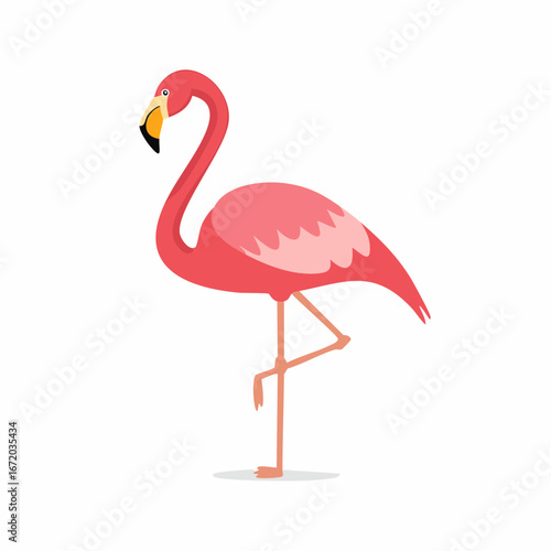 Pink flamingo, stylized illustration, standing profile view.