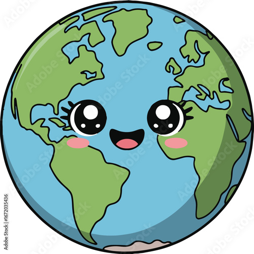 Cartoon earth globe with cute kawaii face featuring large eyes and a happy smile on a white background