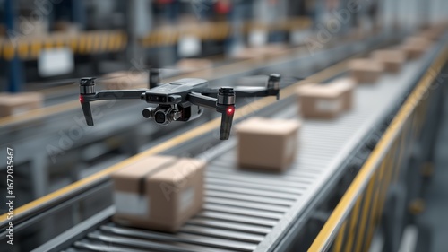 Wallpaper Mural A drone navigates through a busy warehouse, efficiently transporting packages along a conveyor belt. Torontodigital.ca