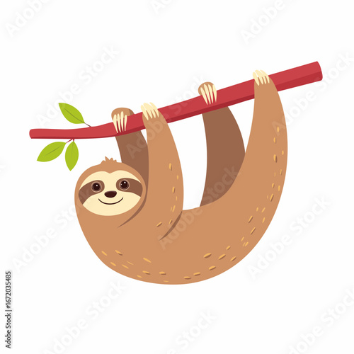 Cute cartoon sloth hanging upside down from a branch.