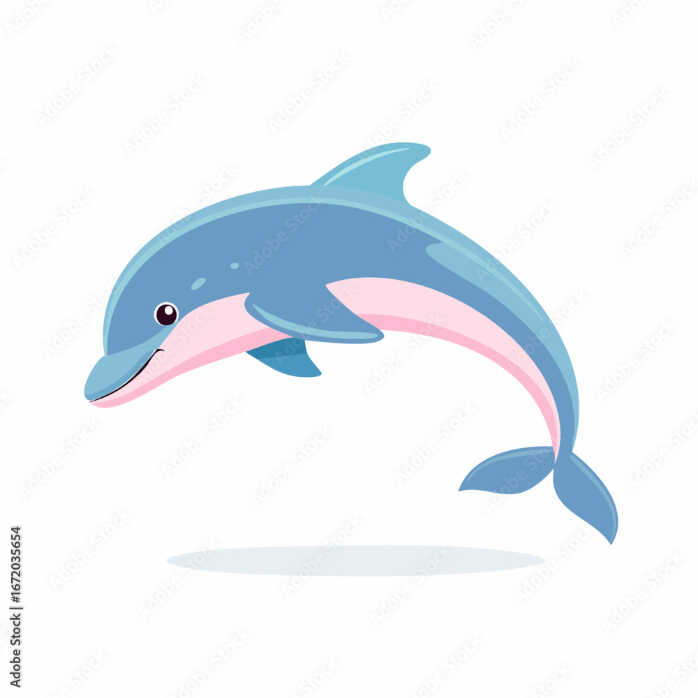 Fototapeta premium Cheerful cartoon dolphin leaping playfully through water.
