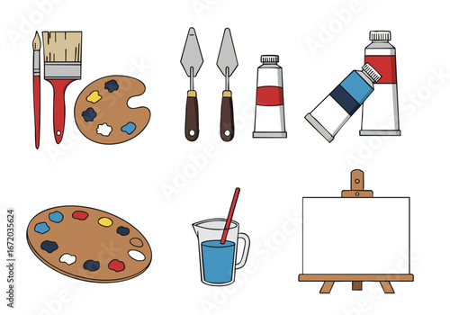 Set of art supplies for painting, including brushes, palettes, paint tubes, palette knives, easel, and water, in a flat cartoon illustration style.