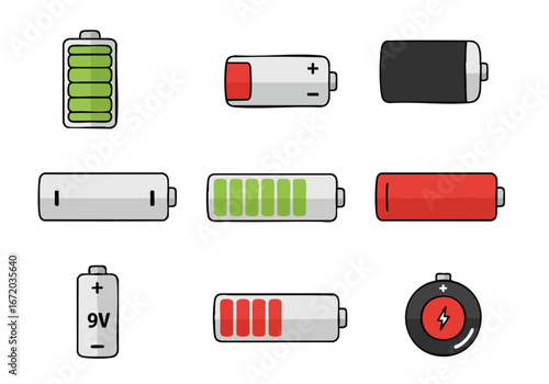 Cartoon battery icons illustrating various charge levels and types, including a 9V battery and charging indicator.