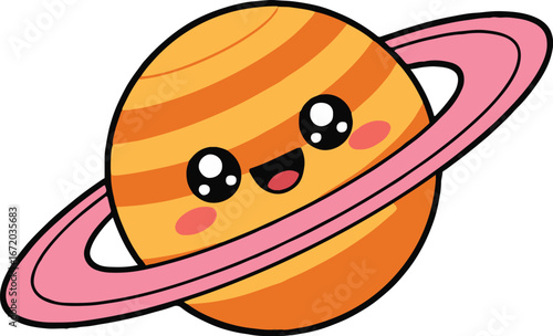 Cartoon saturn with pink rings and a cute smiling face on a white isolated background illustration