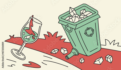 Shards of glass or garbage vector illustration. Cartoon drawing of broken glass, goblet glass. Ecology, environment, pollution concept