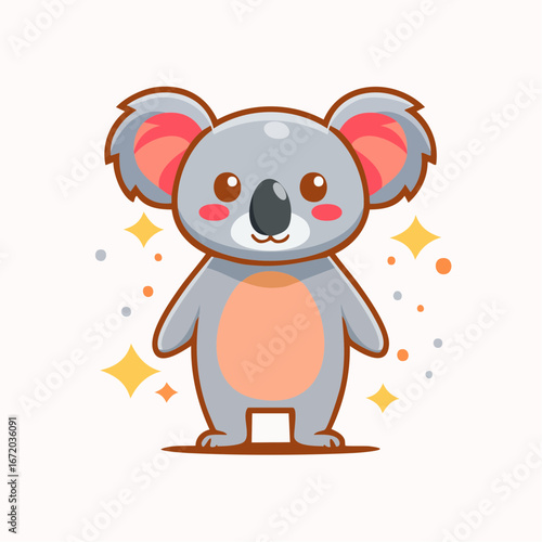 Adorable cartoon koala with large ears and rosy cheeks, surrounded by sparkling yellow stars on a light background.