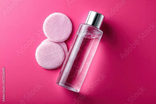 A top-down view of a clear cosmetic bottle and two light pink makeup remover pads on a vivid magenta background.