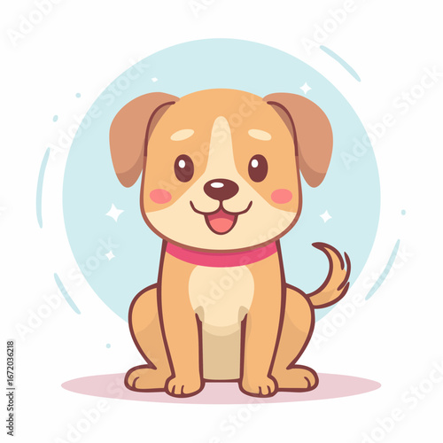 A cute, cartoon-style illustration of a happy, light brown puppy sitting and looking forward with its tail wagging, wearing a pink collar.