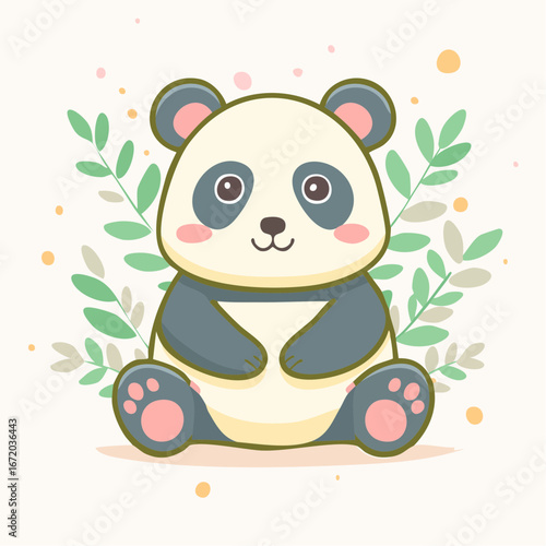 Sweet baby panda illustration sitting calmly amidst decorative green leaves and colorful speckles.