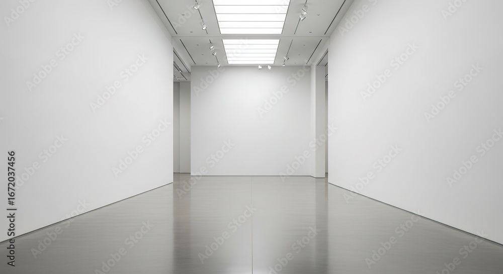 Fototapeta premium Minimalist Gallery Space with Reflective Floor and Overhead Ligh