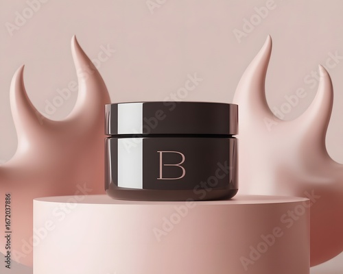 Sleek dark cosmetic jar with B logo on pink pedestal and abstract shapes skincare beauty product