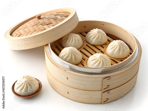 Steamed Pork Buns in Bamboo Steamer Basket with One Bun on Small Plate steamed buns baozi