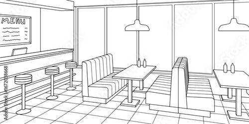 Cafe bar diner graphic black white interior sketch illustration vector 