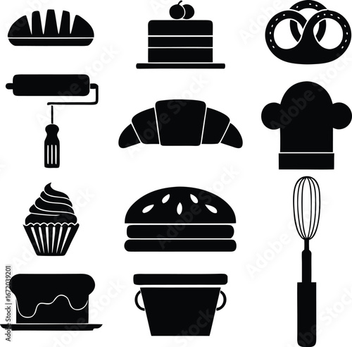 Bakery and Confectionery Black Silhouettes Vector Set - Bread, Cake, Croissant, Cupcake, Pretzel