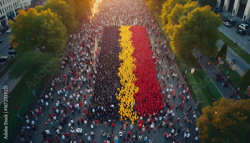 Crowd forms a vibrant display with balloons in the colors of the German flag during a public celebration in a city park at sunset Generative AI