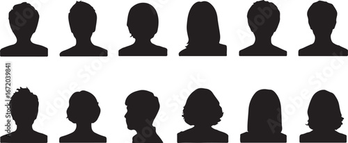Collection of diverse silhouette head profiles showcasing various hairstyles and genders