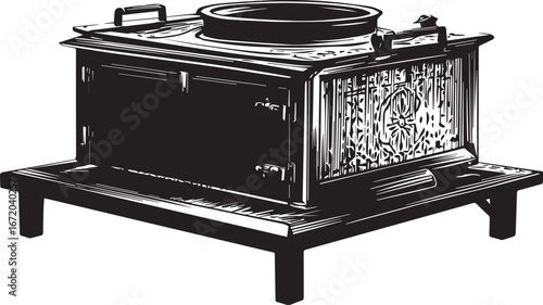 Vintage electric stove and old fashioned coffee grinder with antique kitchen equipment