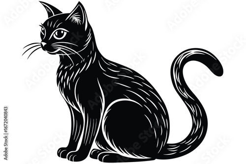 Elegant black cat sitting gracefully with curled tail detailed sketch design silhouette