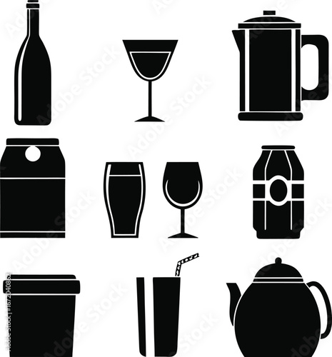 Assorted Beverage Bottles, Glasses, and Drinkware Icons Set Vector