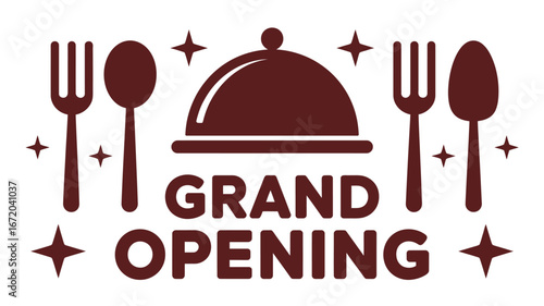 A grand opening announcement with a cloche fork spoon and star design in a brown color scheme graphic