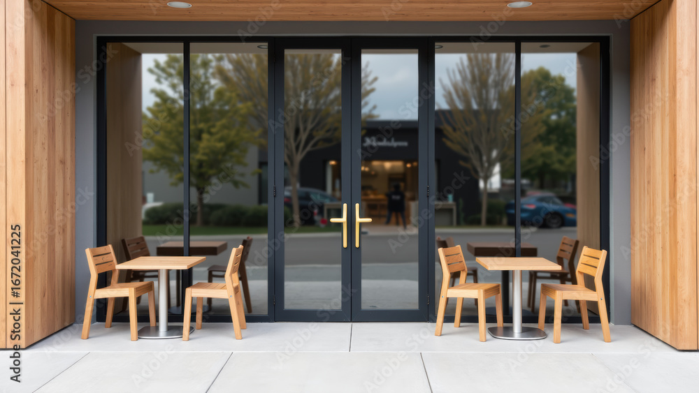 Fototapeta premium Modern cafe entrance with wooden tables and chairs, large glass windows, and welcoming atmosphere. Perfect for relaxation and socializing