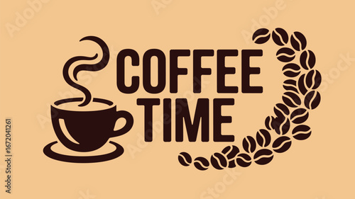 A coffee time illustration with a cup of coffee, coffee beans and the words coffee time on a beige background