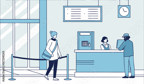 People waiting their turn at check-in counter. Hall with reception, electronic display, cooler flat vector illustration. Hotel, hospital hall concept for banner, website design or landing web page