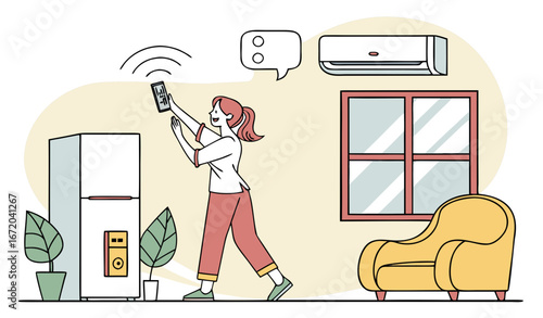 Happy woman and air conditioner blowing cold air in living room. Girl controlling temperature at home using air conditioning system vector illustration. Appliances, technology, climate concept 