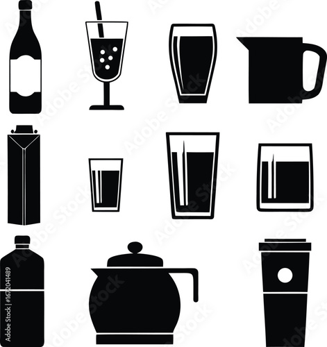 Assorted Beverage Bottles, Glasses, and Drinkware Icons Set Vector