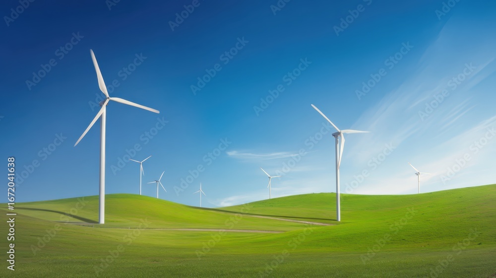 Wind Turbines on Green Hills Under Clear Blue Sky in Scenic Landscape Wind Turbines on Green Hills Under Clear Blue Sky in Scenic Landscape