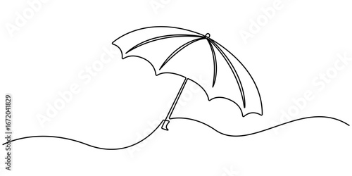 Umbrella icon continuous one line drawing minimalist style isolated outline illustration. Summer holiday concept vector art. Doodle line illustration. Editable stroke.