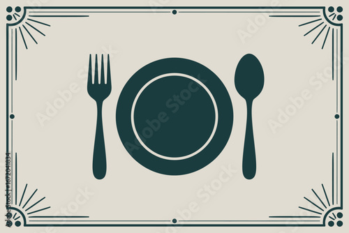 A simple illustration of a plate with a fork and spoon in a decorative border on a light background