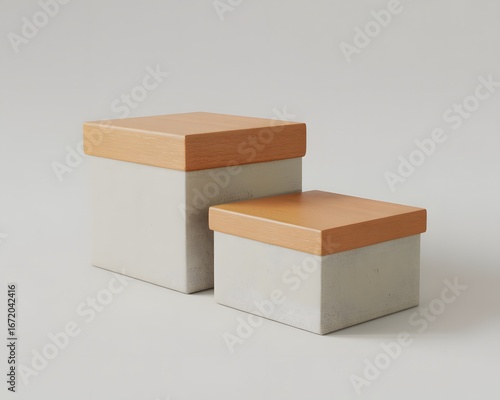 Two square gift boxes with concrete bases and wooden lids on a light gray background present container