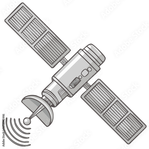 Cartoon Satellite Orbiting with Solar Panels Sending Radio Communication Signal