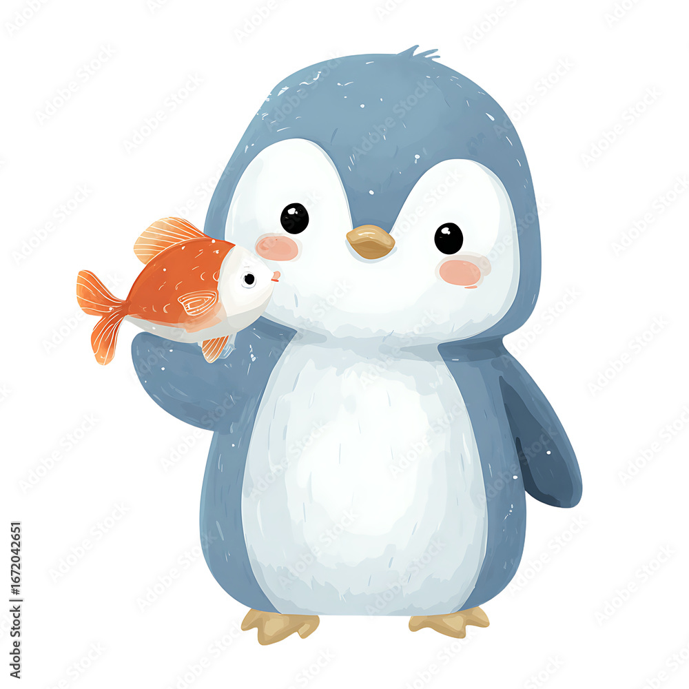 Fototapeta premium Adorable Penguin with Fish: A Cute Winter Illustration