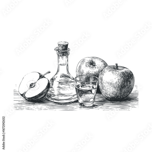 Fresh apples and cider in a rustic kitchen setting for culinary use. Vector illustration